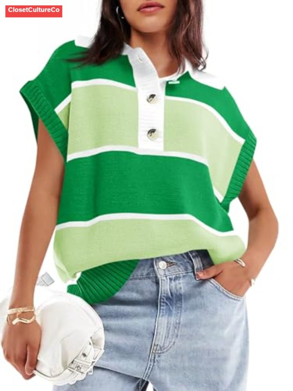 V Neck Button Down Striped Short Sleeve Knit Sweater